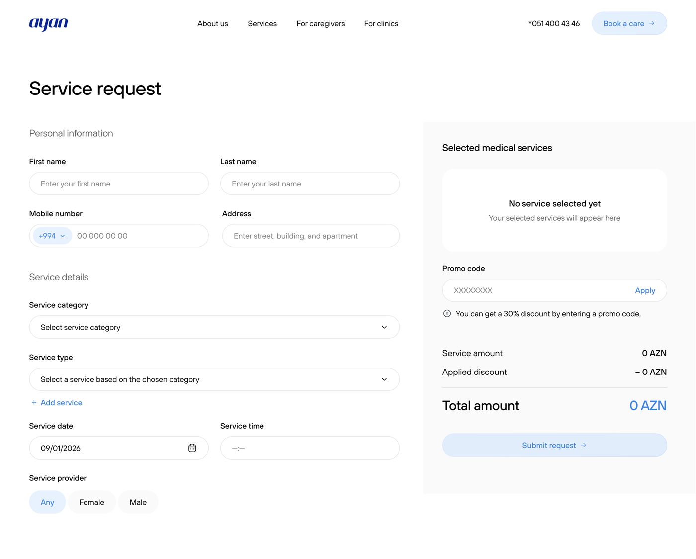 Ayan service request form with selected medical services and total amount