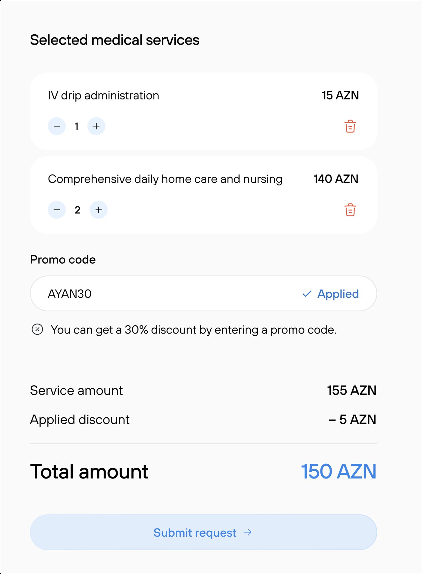 Ayan selected medical services checkout with promo code and total