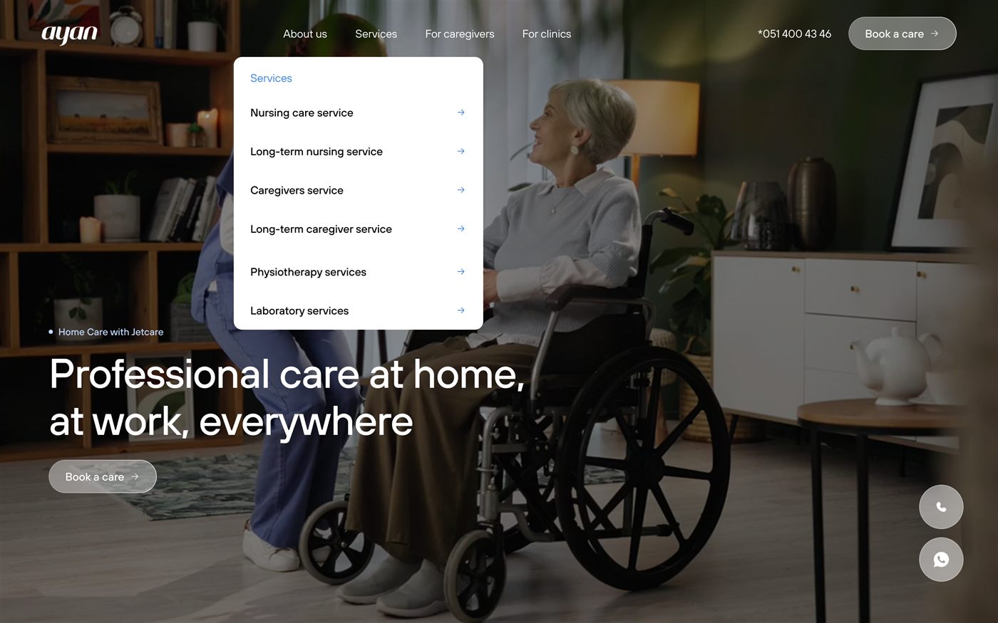 Ayan landing page: professional care at home, work, everywhere