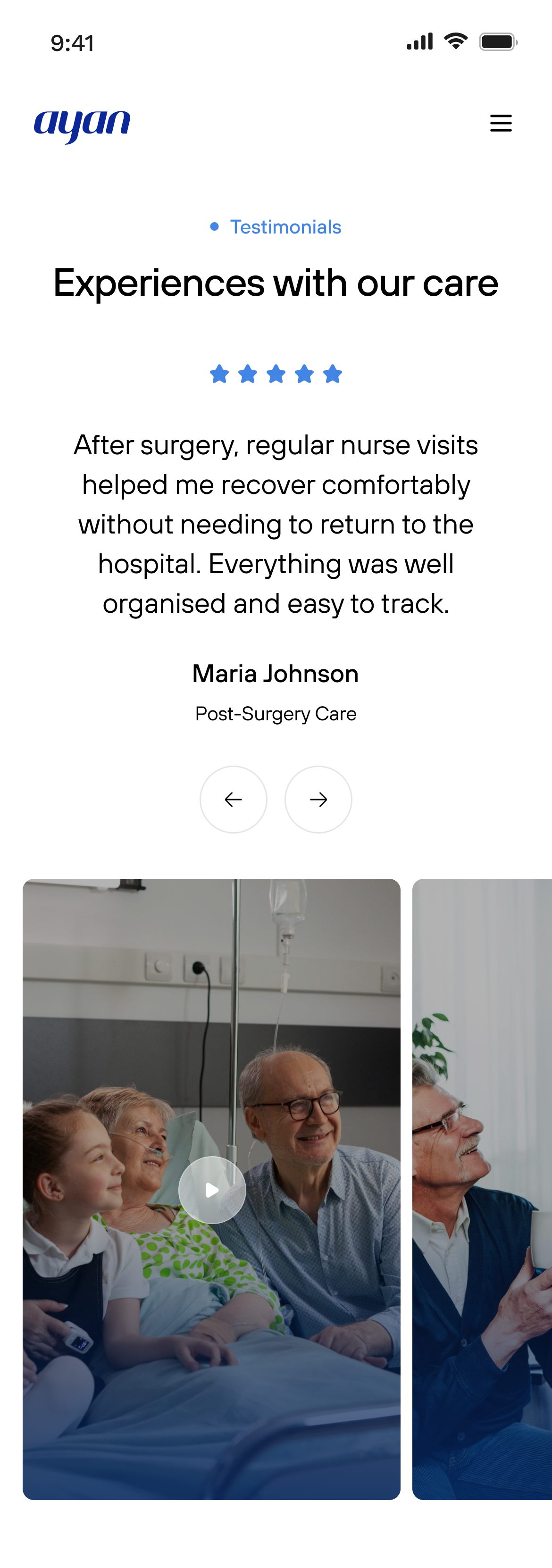 Ayan mobile app: experiences with our care, testimonials screen