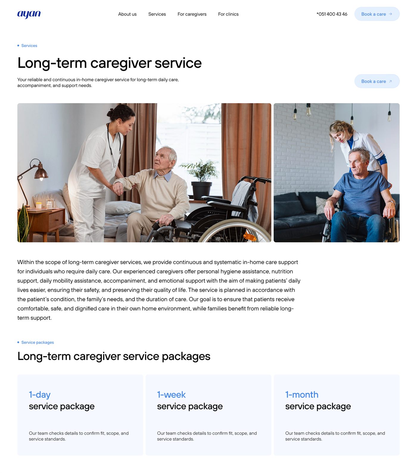 Ayan long-term caregiver service page with service packages