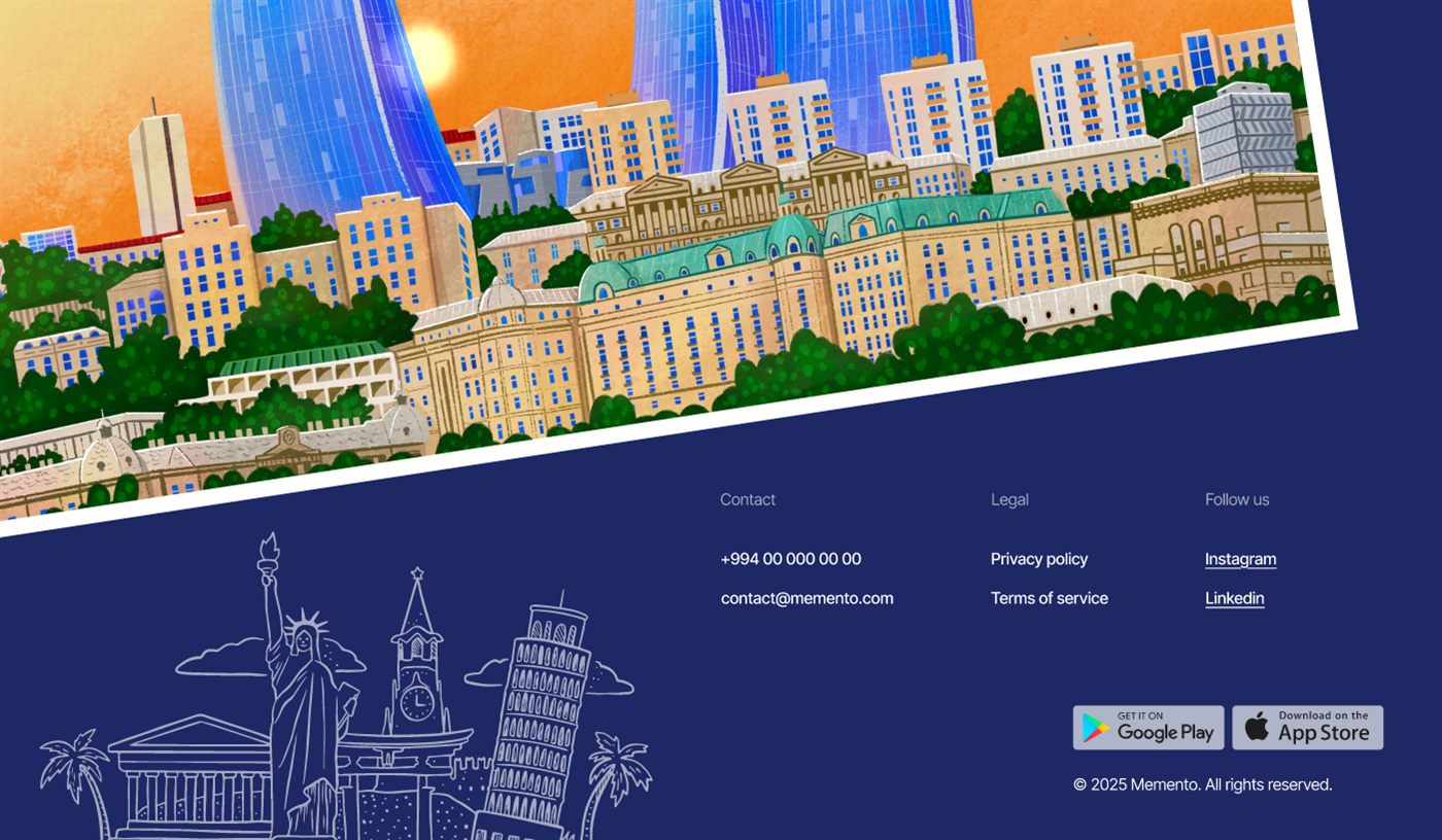 Memento landing page hero showing an illustrated postcard cityscape