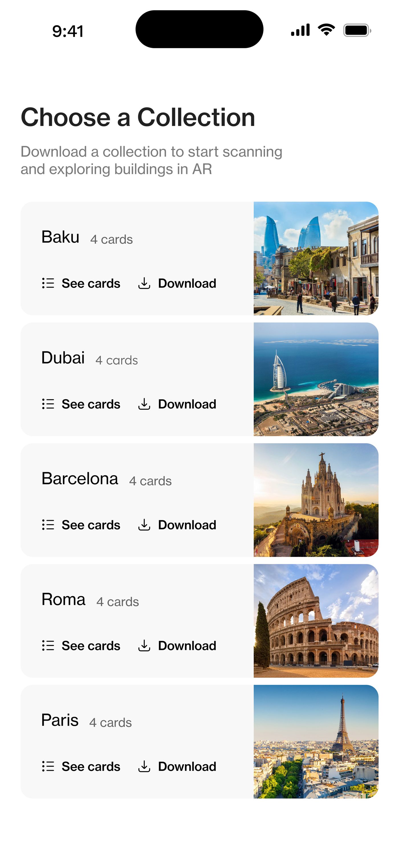 Memento mobile app: choose a collection screen with city list