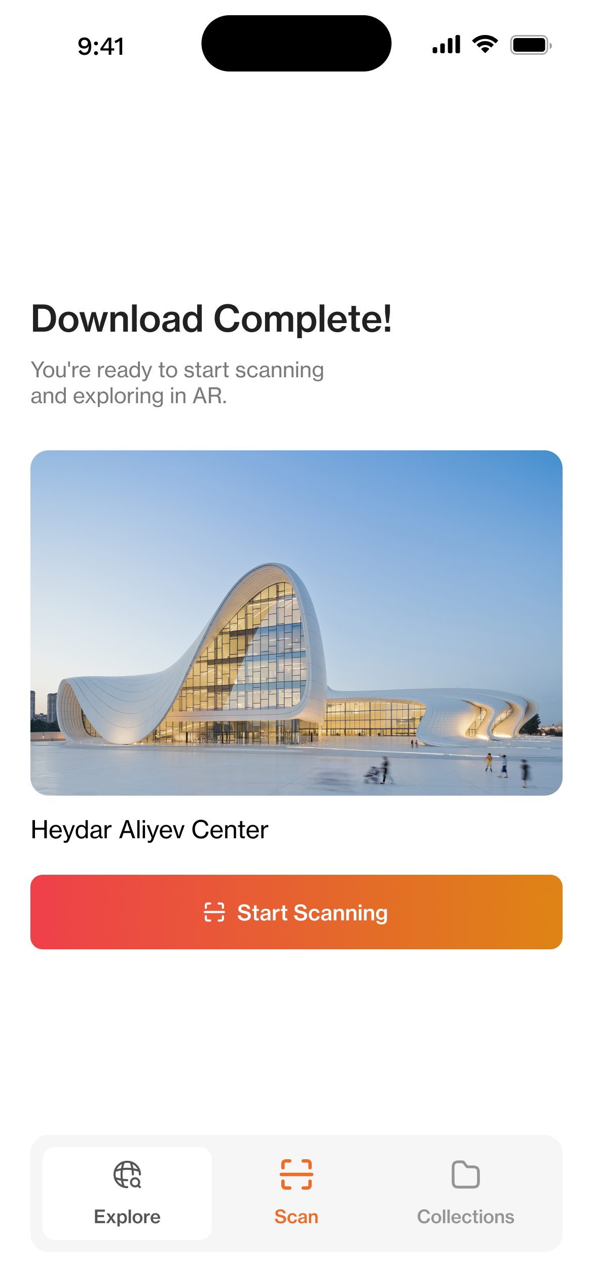 Memento mobile app: download complete screen for an AR model