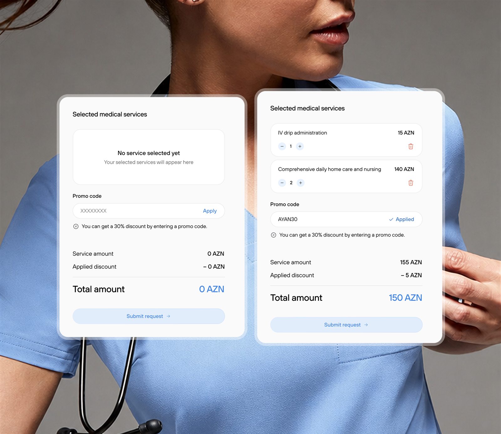 Nurse in scrubs with a stethoscope beside two Ayan selected medical services cards showing IV drip administration and home care pricing