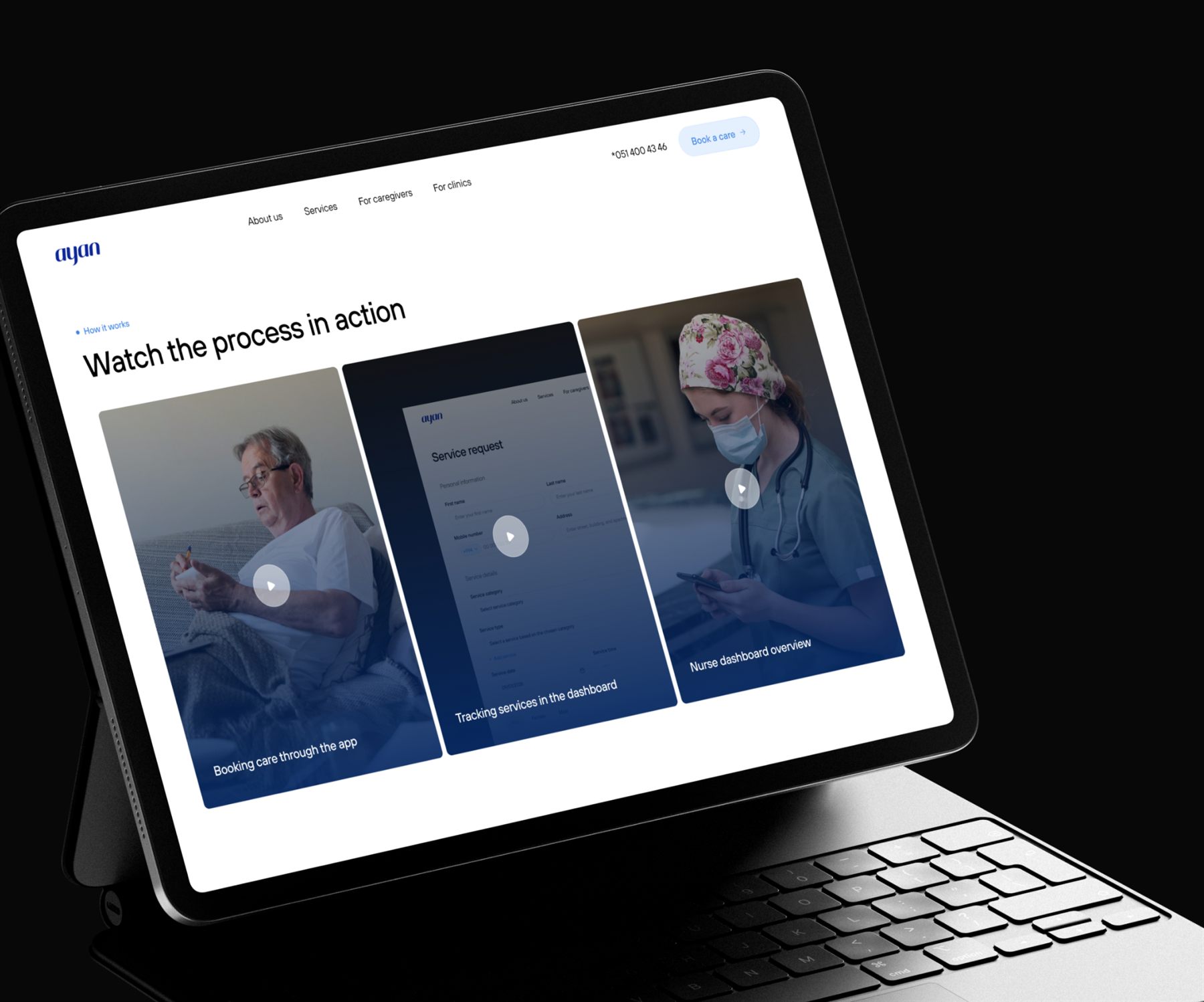 iPad Pro with Magic Keyboard mockup showing the Ayan care app process: booking care, tracking services, and nurse dashboard overview