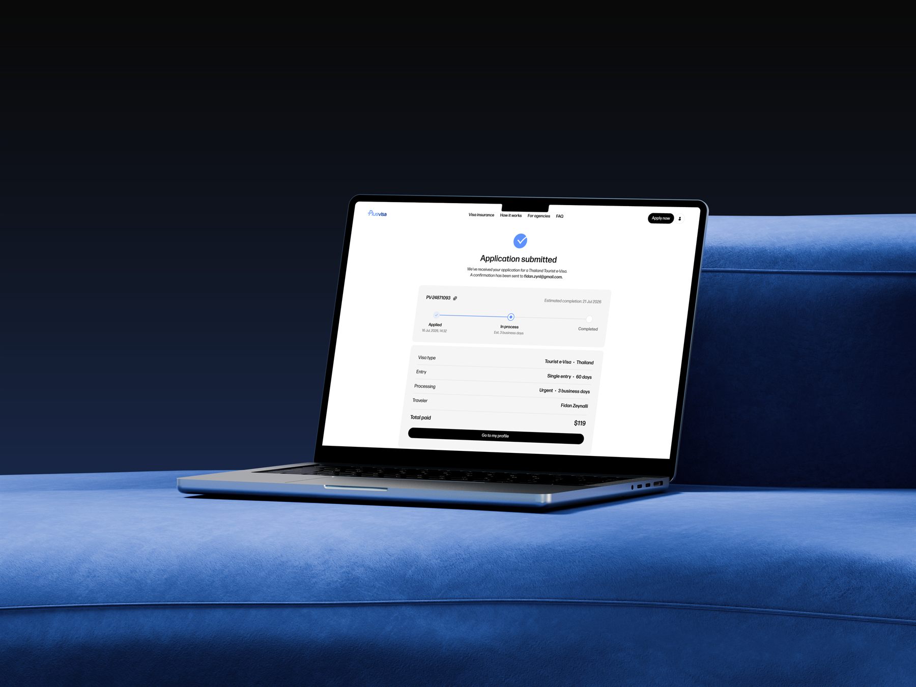 Laptop mockup showing the Plusvisa application submitted confirmation screen