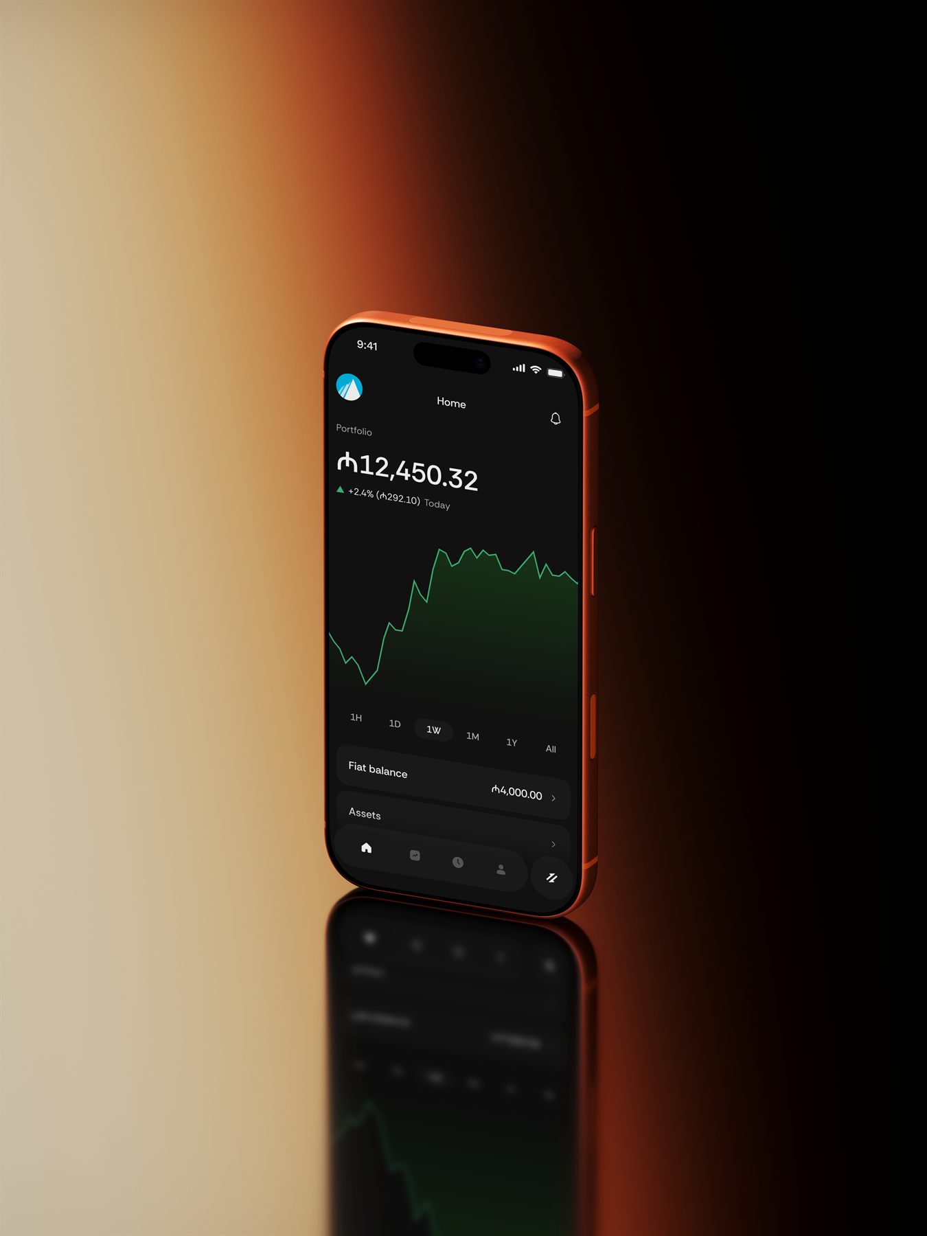 Orange iPhone mockup showing a portfolio finance app home screen with a balance chart