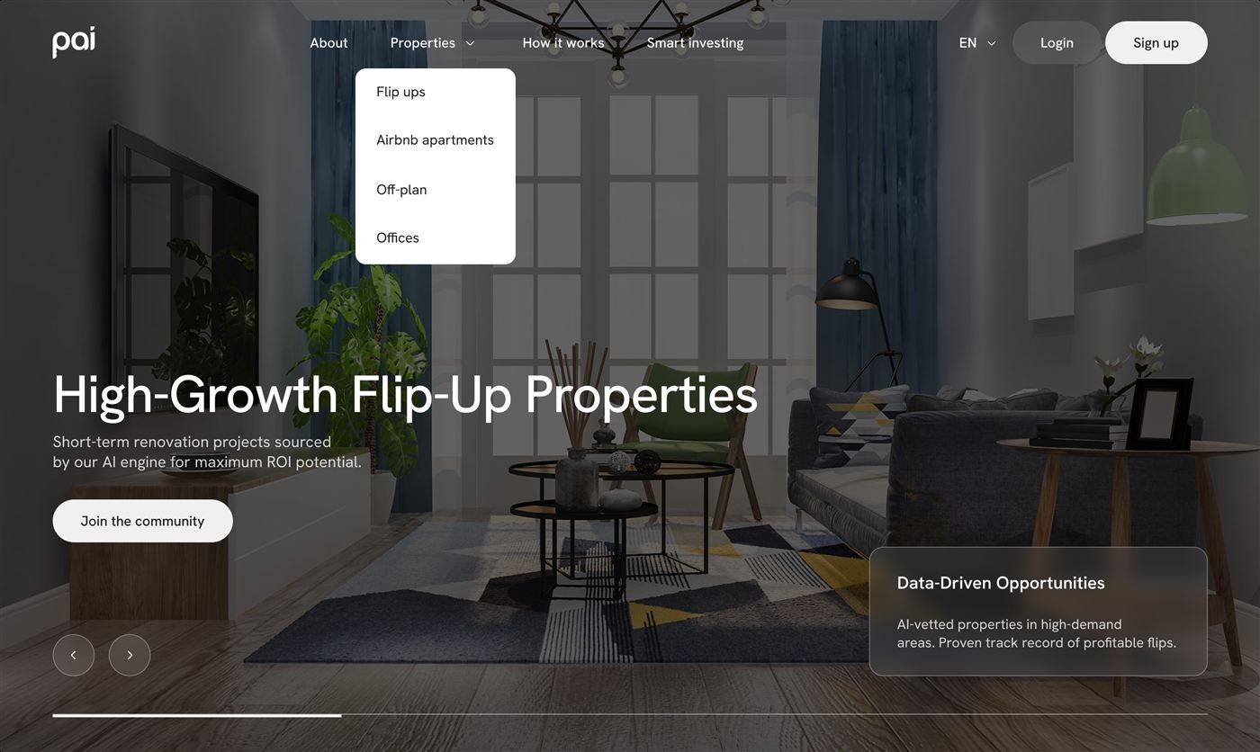 Pai homepage: High-Growth Flip-Up Properties landing page with the Properties menu open