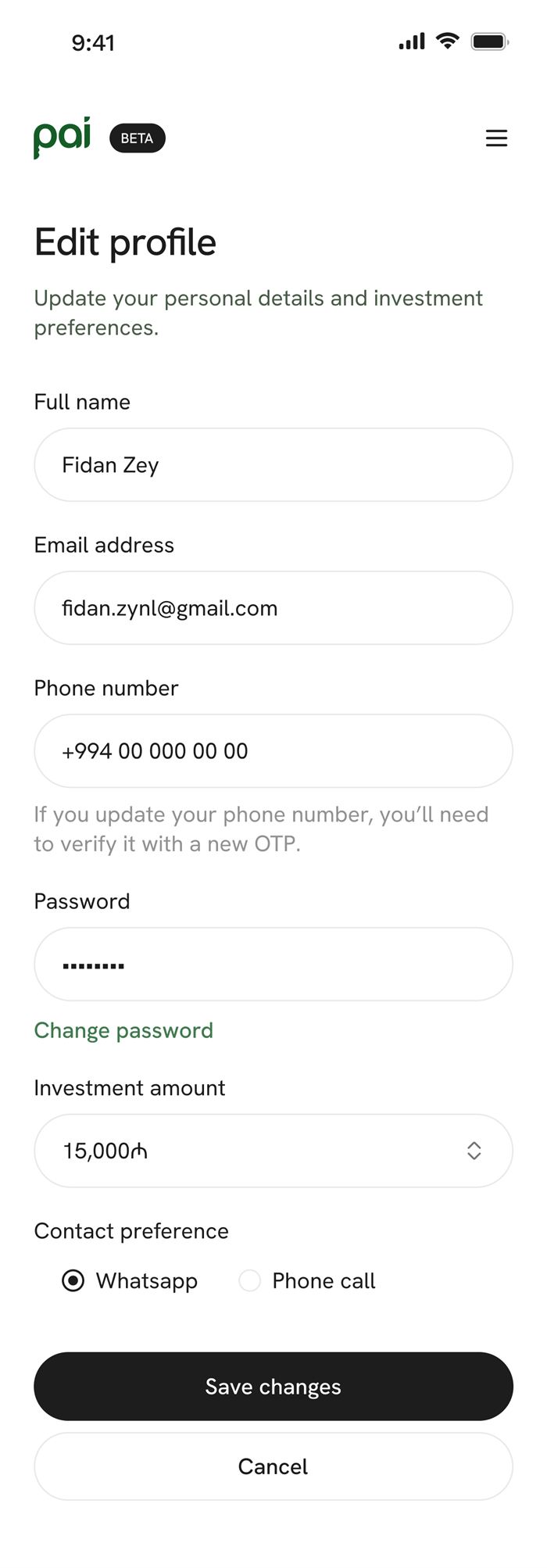 Pai mobile edit profile screen