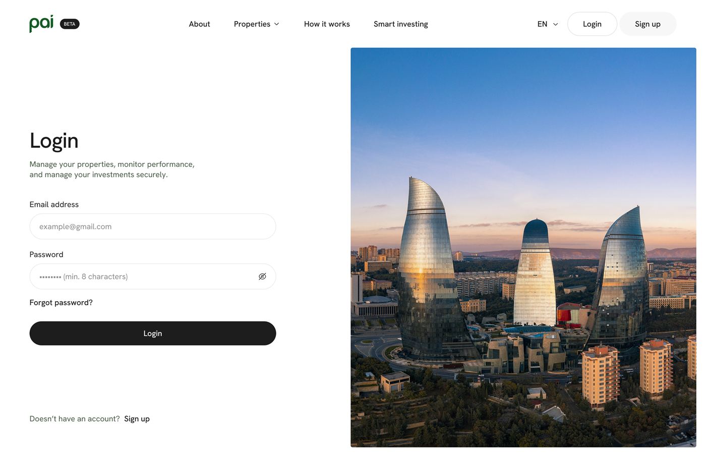 Pai login page with the Baku Flame Towers photo